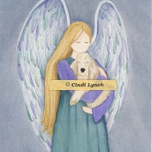 Blond cocker spaniel with angel / Lynch signed Folk Art Print Pet Loss Memorial Remembrance Guardian Angel Gift