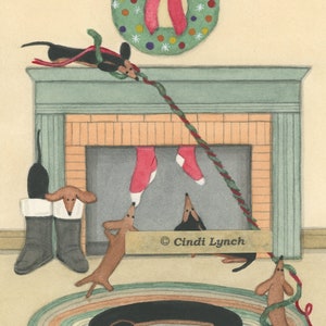12 Cartões de Natal: Família Dachshund (doxie) na manhã de Natal / Arte popular de Lynch
