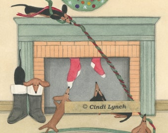 12 Christmas Cards: Dachshund (doxie) family on Christmas morning / Lynch folk art