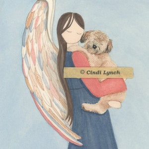 Soft coated wheaten terrier (wheatie) cradled by angel / Lynch signed folk art print