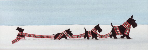 Lynch folk art scotties frolic in snow Christmas cards Scottish terriers