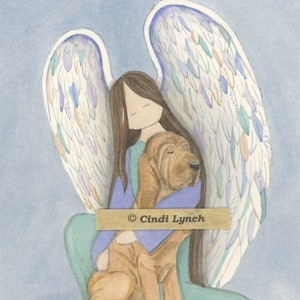 Bloodhound with angel / Lynch signed folk art print Pet Loss Memorial Remembrance Guardian Angel Gift