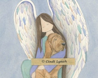 Bloodhound with angel / Lynch signed folk art print Pet Loss Memorial Remembrance Guardian Angel Gift