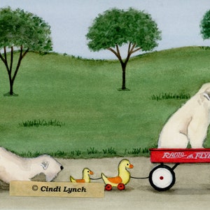Wheaten terrier (wheatie) family goes for wagon ride / Lynch signed folk art print