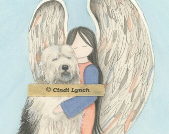 Old English sheepdog with angel / Lynch signed folk art print