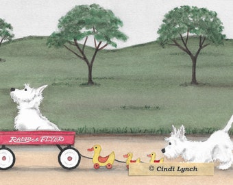 LARGER West highland terriers (westies) wait for wagon ride / Lynch signed folk art print