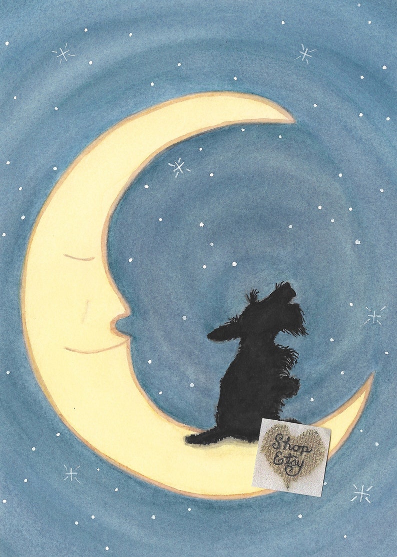 Scottish terrier scottie sits howling on the moon / Lynch image 0