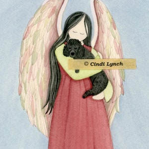 Black poodle cradled by angel / Lynch signed folk art print Pet Loss Memorial Remembrance Guardian Angel Gift
