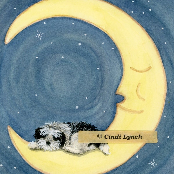 Black and white shih-tzu (shihtzu) sleeping on the moon / Lynch signed folk art print