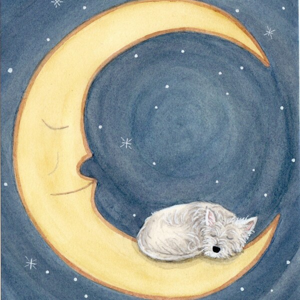 West highland terrier (westie) sleeping on moon \/ Lynch Signed Folk Art Print