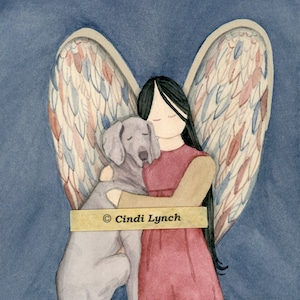 Weimaraner with angel / Lynch signed folk art print Weimeraner Pet Loss Memorial Remembrance Guardian Angel Gift