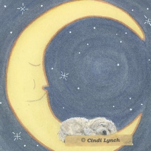 Maltese takes a nap on the moon / Lynch signed folk art print