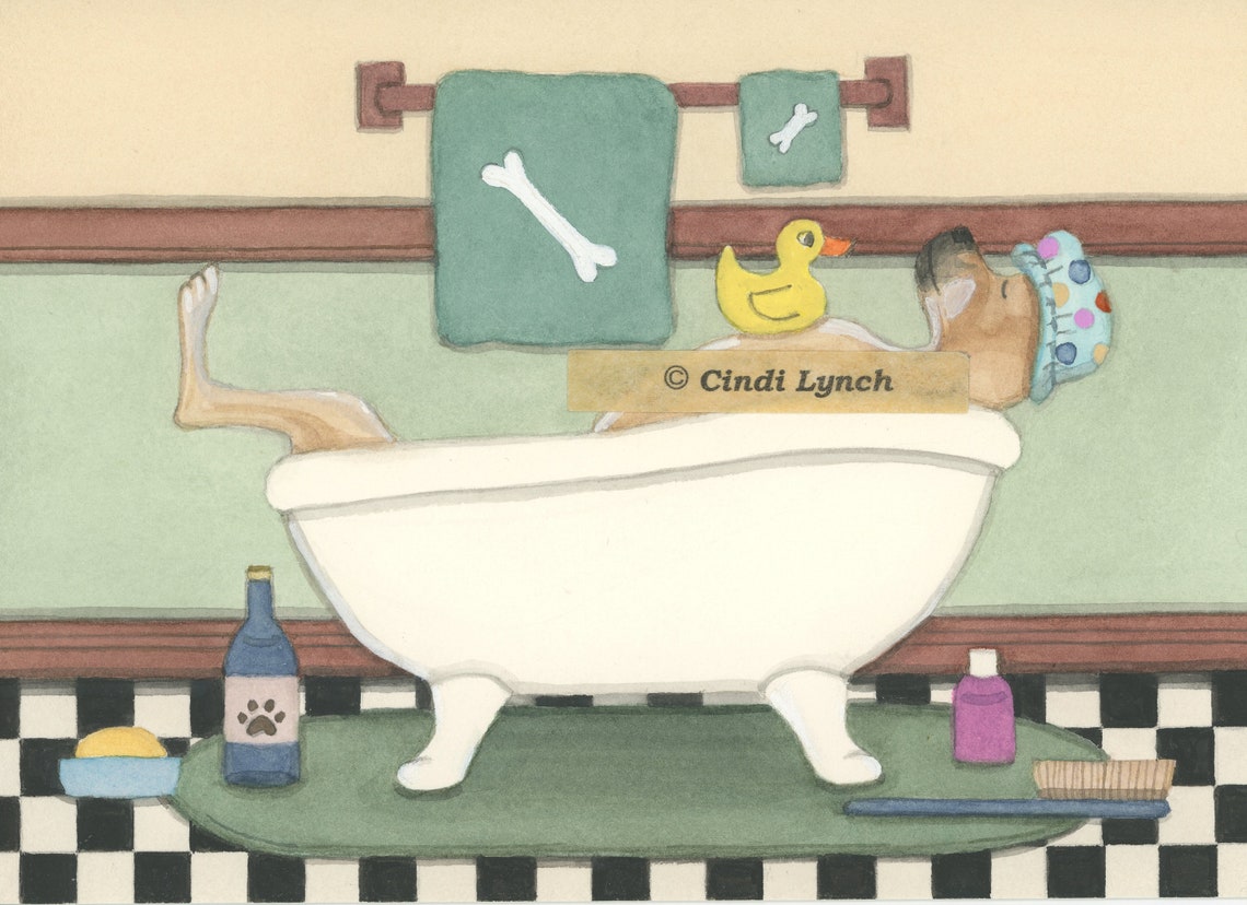 Great Dane Fills a Tub at Bath Time / Lynch Signed Folk Art Etsy