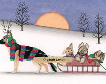 12 Christmas cards: German shepherd family goes for holiday sled ride / Lynch folk art