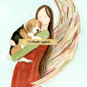 Beagle cradled by angel (profile) / Lynch signed folk art print Pet Loss Memorial Remembrance Guardian Angel Gift