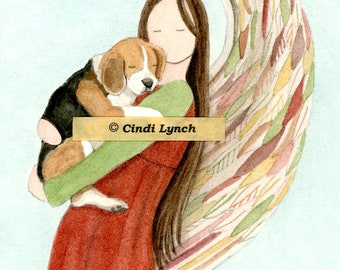 LARGER Beagle cradled by angel (profile) / Lynch signed folk art print