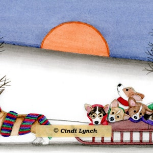 Christmas cards: Pembroke Welsh Corgi family goes for sled ride / Lynch folk art