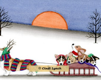 Christmas cards: Pembroke Welsh Corgi family goes for sled ride / Lynch folk art