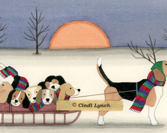 12 Christmas cards: Beagle family takes a holiday sled ride / Lynch folk art