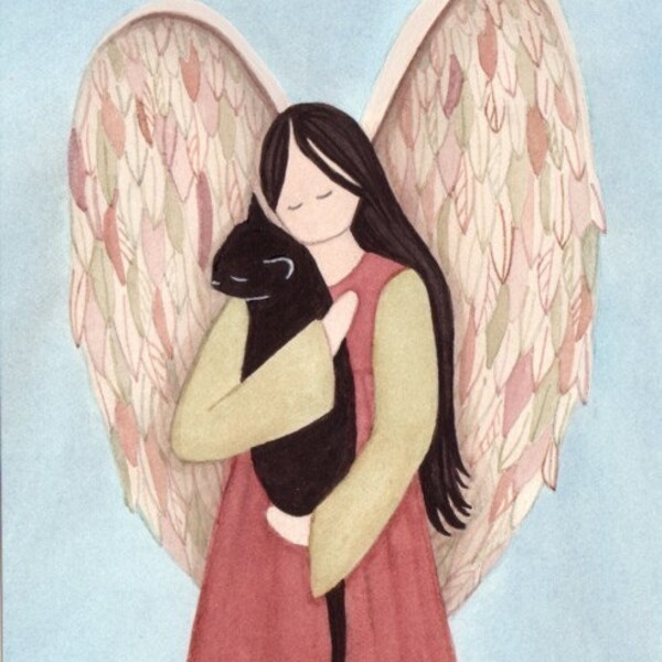 Black Cat in Angel's Arms / Original Signed LYNCH Folk Art PRINT