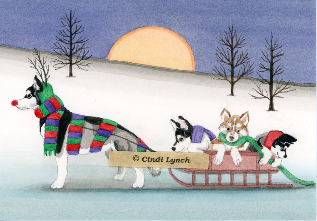 Siberian Husky Family Takes Holiday Sled Ride / Lynch Signed Folk Art ...