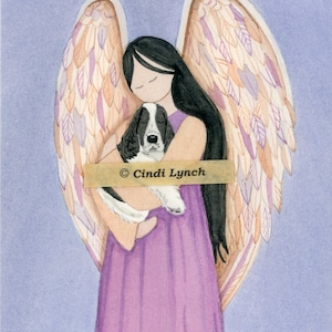 Angel with black and white English Springer Spaniel / Lynch signed folk art print Pet Loss Memorial Remembrance Guardian Angel Gift