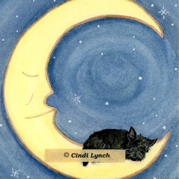 Scottish terrier (scottie) takes nap on the moon / Lynch signed folk art print