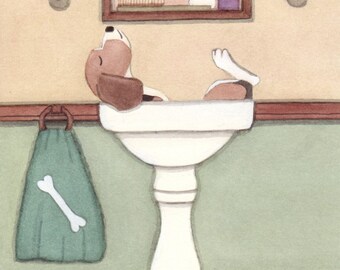 Beagle fills sink at bath time / Lynch signed folk art print