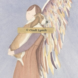 Basset hound cradled by angel (profile) / Lynch signed folk art print Pet Loss Memorial Remembrance Guardian Angel Gift