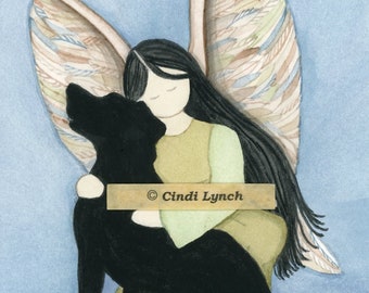 Black lab (Labrador Retriever) with angel / Lynch signed folk art print
