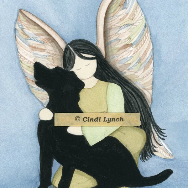 Black lab (Labrador Retriever) with angel / Lynch signed folk art print Pet Loss Memorial Remembrance Guardian Angel Gift