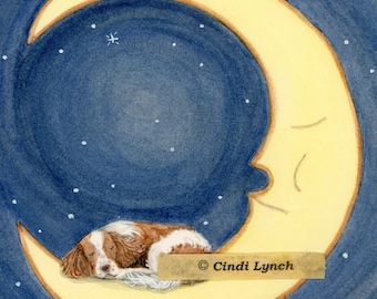 Brown English Springer Spaniel takes a nap on the moon / Lynch signed folk art print