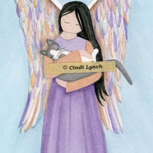 Gray and white tuxedo (tux) cat angel / Lynch signed print folk art Pet Loss Memorial Remembrance Guardian Angel Gift
