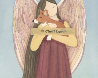 May include: A watercolor painting of an angel with wings, holding a small brown and white dog in her arms. The angel is wearing a burgundy dress and has long brown hair. The painting is signed "Cindi Lynch".