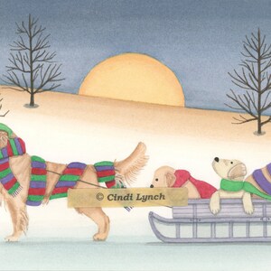 Golden retriever as Rudolph pulling sled / Lynch signed folk art print