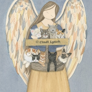 Standing angel cradles cats (persian, siamese, tuxedo, black, white, grey, tiger, calico, tabby) / Lynch signed folk art print Memorial