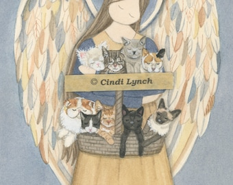 Standing angel cradles cats (persian, siamese, tuxedo, black, white, grey, tiger, calico, tabby) / Lynch signed folk art print