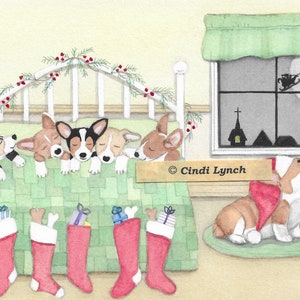 Kartki świąteczne: Rodzina Pembroke Welsh Corgi gotowa na przyjęcie Świętego Mikołaja w Wigilię / Sztuka ludowa Lyncha