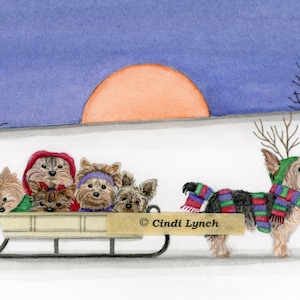 Yorkshire Terrier Familie auf Schlitten unterwegs / Lynch signierter folkloristischer Kunstdruck