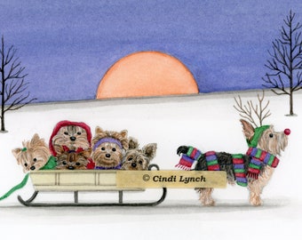 Yorkshire terrier (yorkie) family goes for sled ride / Lynch signed folk art print