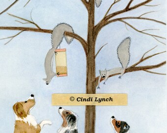 Australian shepherds (aussies) find treeful of squirrels / Lynch signed folk art print