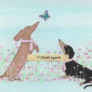Dachshunds (doxies) in pink ribbons befriend butterfly / Lynch signed folk art