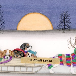 12 Christmas cards: King Charles Cavalier Spaniels (KC) family takes holiday sled ride / Lynch folk art