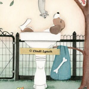 May include: A brown and white dog is lying in a white porcelain sink. A gray squirrel hangs upside down from a tree branch above the sink. A blue towel with a white bone hangs on the branch. A yellow rubber duck, a blue bowl, and a purple toothbrush are on the ground. The text "Cindi Lynch" is on a gold sign.