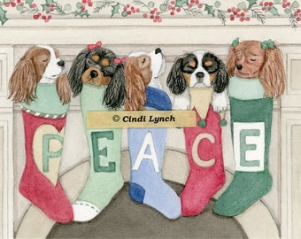 12 Christmas cards: King Charles Cavalier Spaniels (KC) hung by the chimney with care / Lynch folk art