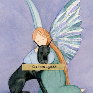 Angel and black great dane / Lynch signed folk art print Pet Loss Memorial Remembrance Guardian Angel Gift