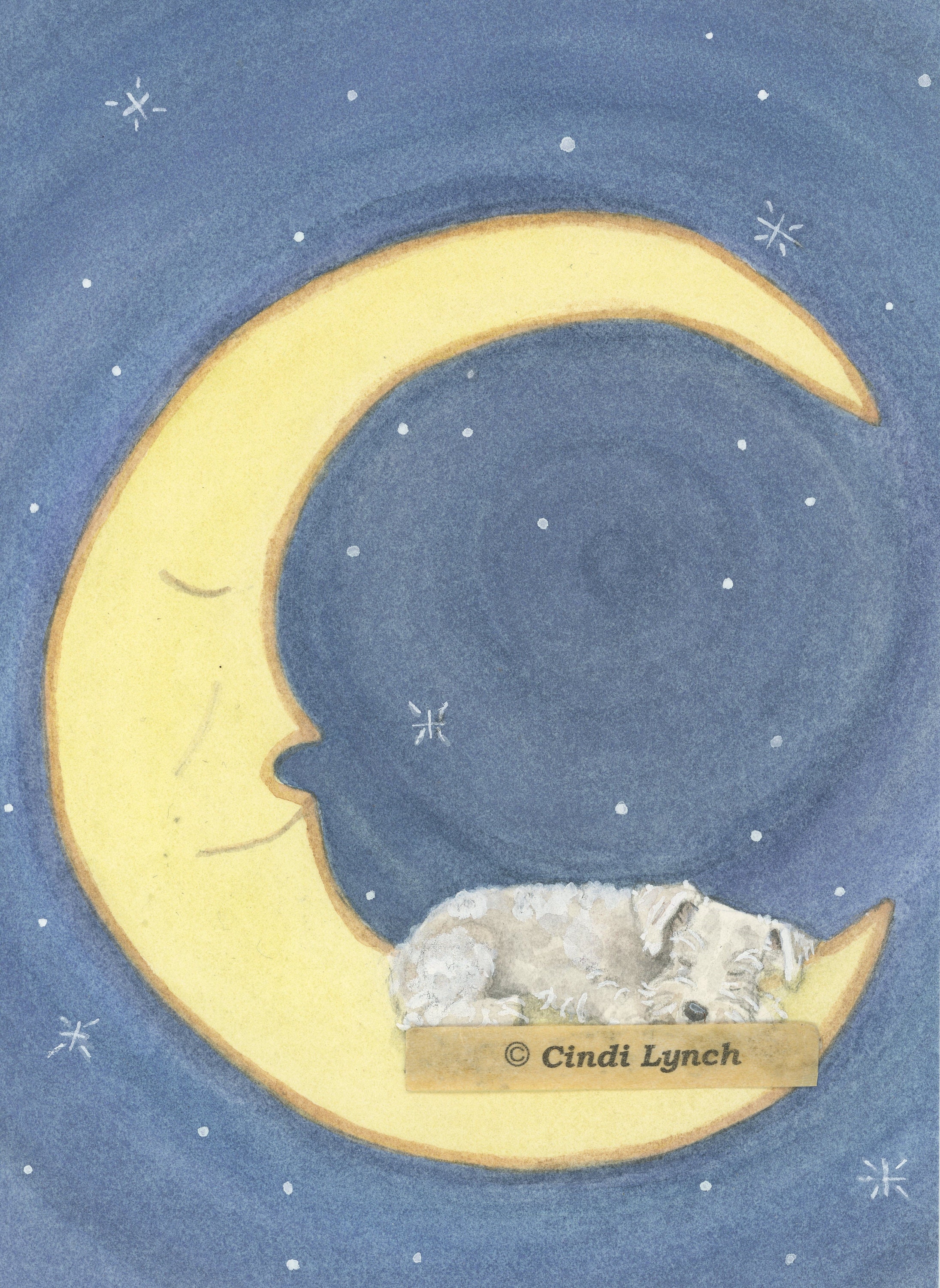 White miniature schnauzer sleeping on moon (uncropped ears) / Lynch signed folk art print