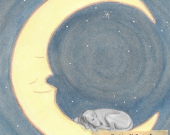Weimaraner takes a nap on the moon / Lynch signed folk art print