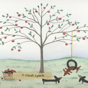 LARGE Dachshunds (doxies) enjoy frolicking in apple orchard / Lynch signed folk art print