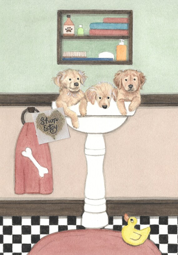 Golden Retriever Puppies Fill Sink At Bath Time Lynch Signed Etsy